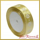 Tasiemka SATYNOWA ZŁOTA z motywem ŚNIEŻYNEK 25mm/1mb 