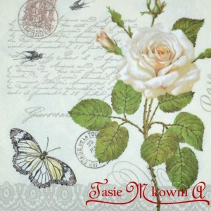 Serwetka do decoupage  białą róża i czarny motyl jaskółeczki 1 SZT.