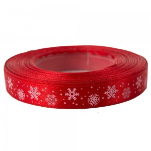 Tasiemka SATYNOWA czerwona ŚNIEŻYNKI 12mm/23mb 