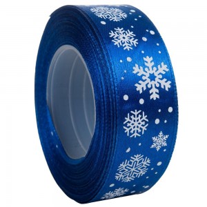 Tasiemka SATYNOWA niebieska ŚNIEŻYNKI 25mm/23mb 