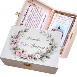 Prezent na Chrzest Świety pamiątka pudełko z personalizowanymi życzeniami