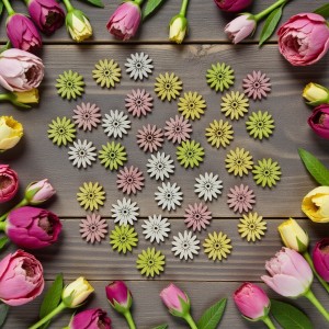 Drewniane kwiatuszki 36szt - białe, żółte, różowe i limonka