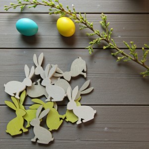 Drewniane zajączki 12szt - białe, szare i limonka